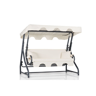 Rishikesh Modern Garden Triple Swing Chair, Cream Color, 78.7 x 64.6 x 43.3 Inches | 100% Metal Frame, 100% Polyester Fabric, 18 DNS Foam Cushions | Easy Clean, Removable Cushions, Supports Up to 529 lbs, Perfect for Outdoor Relaxation