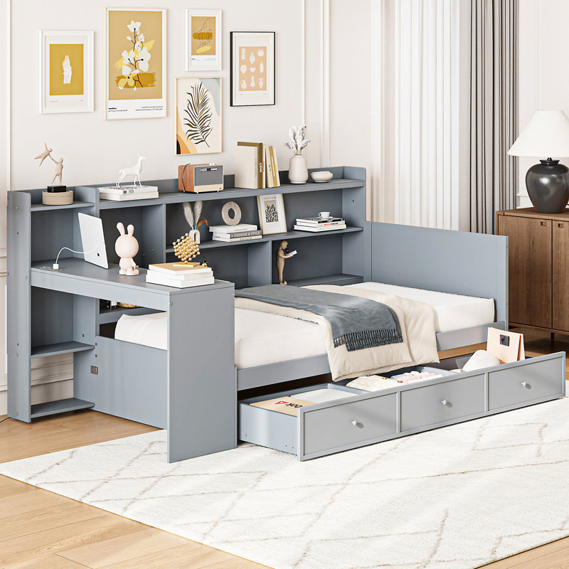 Lit de jour simple gris avec structure en bois, 3 tiroirs et bureau dans les tiroirs, charge et porto pour la chambre à coucher