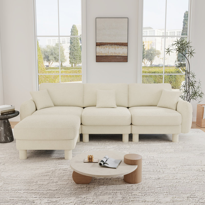 Modern Boucle Upholstered Sofa,3-Seater L-Shaped Sofa Couch With  Movable Ottoman, Beige