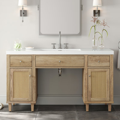 Meuble-lavabo de 60 po de conception américaine, lavabo, comptoir spacieux, glissières de porte à fermeture en douceur, portes, pieds en pin, argent, fauteuil roulant disponible