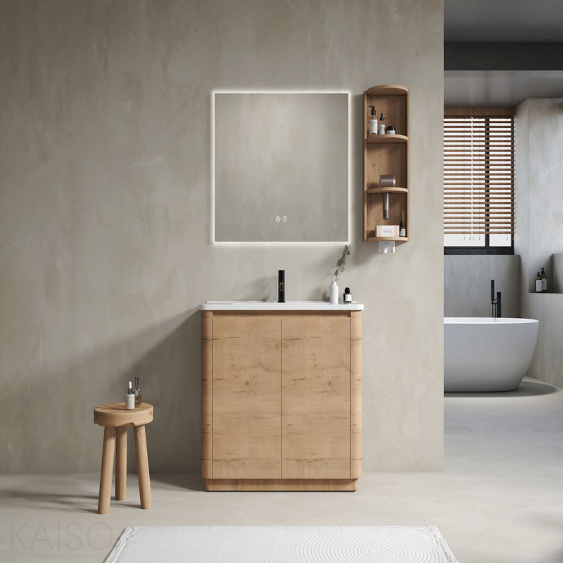 Meuble-lavabo autoportant de 40 po avec lavabo en céramique, 2 portes à fermeture douce et support de rangement, contreplaqué, contreplaqué