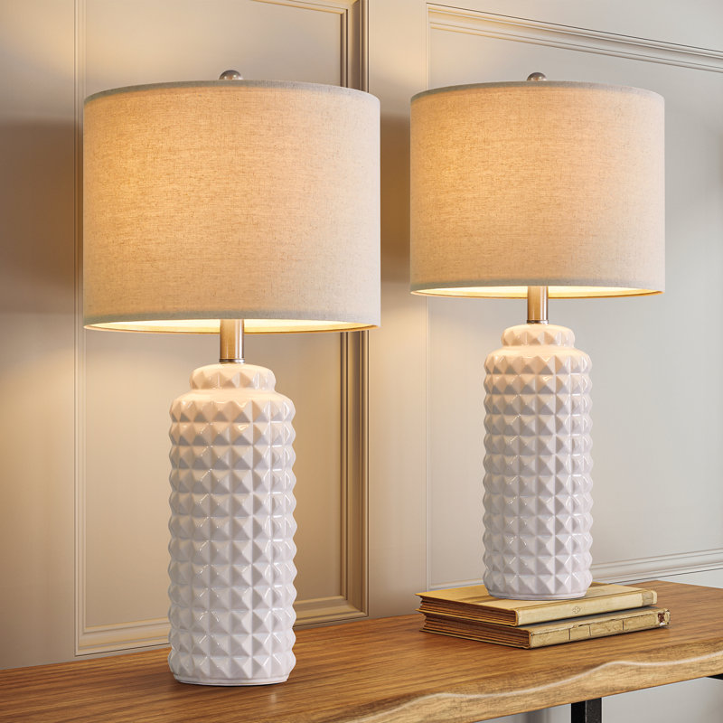 White Ceramic Table Lamps with Beige Linen Shades, Set of 2