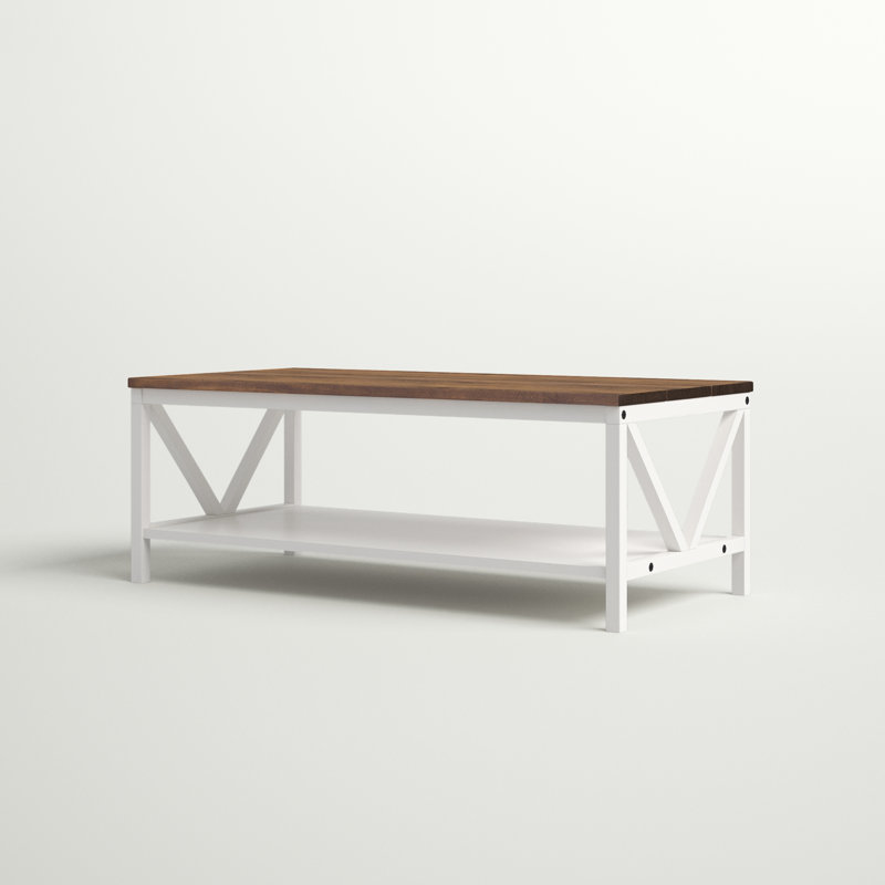 V-Frame Two-Tone Coffee Table with Lower Storage Shelf, White, Rustic Oak