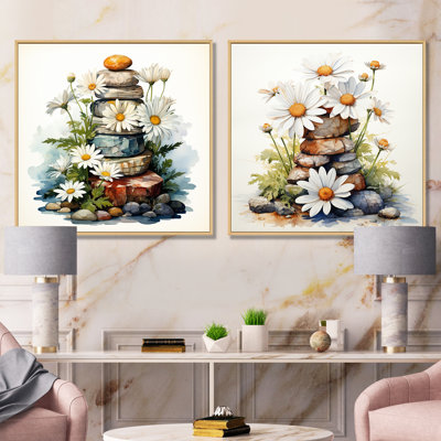Daisy Flower On Calm Stone I - Daisy Canvas Prints Set Of 2