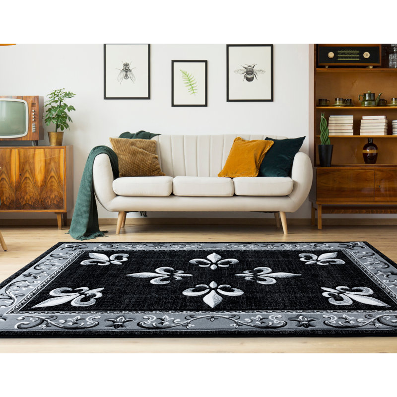 Tapis noir à bordure Goines, Rectangle 5 pi 3 po x 7 pi 6 po