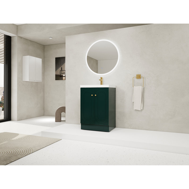 Meuble-lavabo autoportant de 24 po avec lavabo en résine blanche et 2 portes d'armoire à fermeture en douceur. Conception moderne pour la salle de bain. Matériau en contreplaqué. Couleur foncée. Armoire à tablette réglable incluse. Lavabo. Intemporel