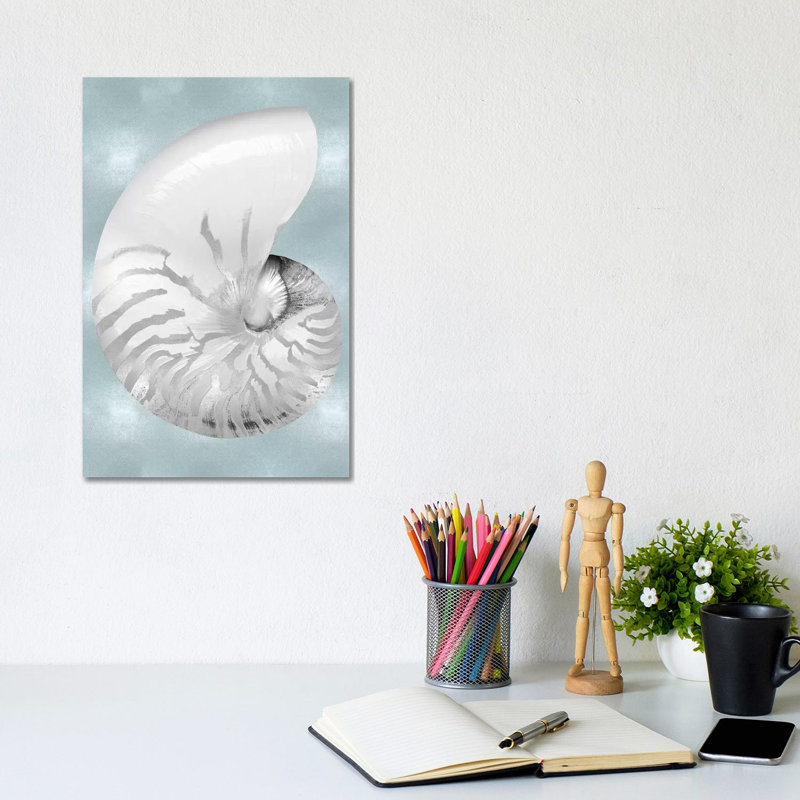 Silver Shell On Aqua Blue II by Caroline Kelly - Wrapped Canvas Gallery-Wrapped Canvas Giclée, 20.32 cm H x 30.48 cm W