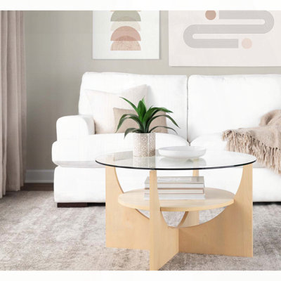 Table basse contemporaine en U avec plateau en verre trempé et tablette en bois