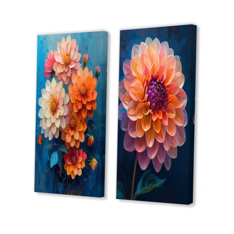Dahlia mauve orange sur bleu Bloom III - ensemble d'art mural 2 pièces Dahlia, H 28 po x l 24 po, Toile tendue