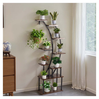 Support pour plante d'intérieur de 63 pouces de hauteur avec lumières de croissance, tablette de coin en métal à 9 niveaux avec minuterie et gradateur, support à fleurs courbé pour le salon