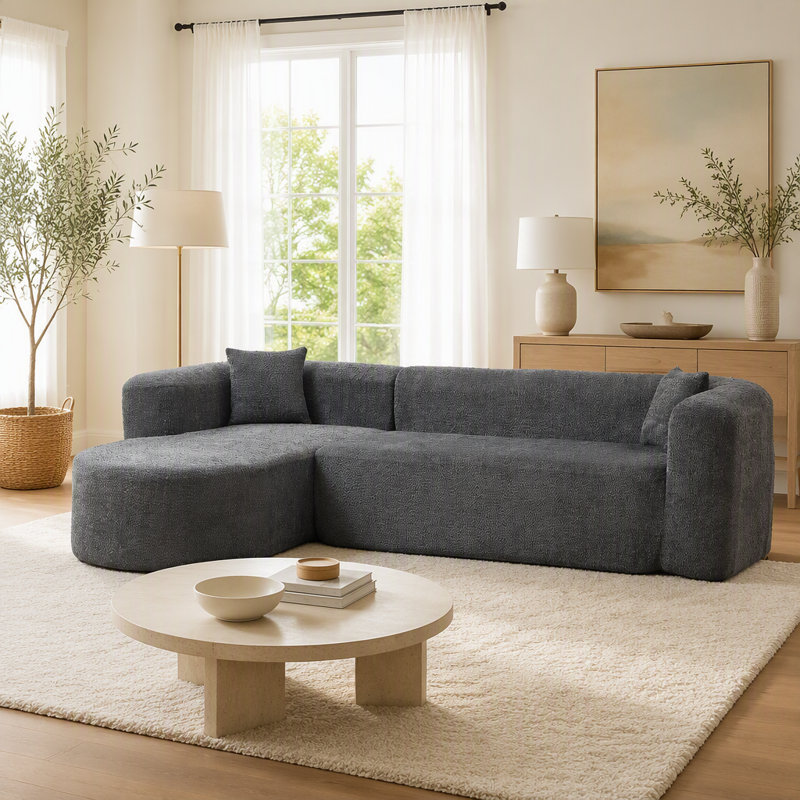 Canapé modulaire modulaire de luxe avec dossier incurvé de luxe, deux coussins décoratifs en tissu chenille, canapé en nuage minimaliste et confortable en forme de L pour le salon
