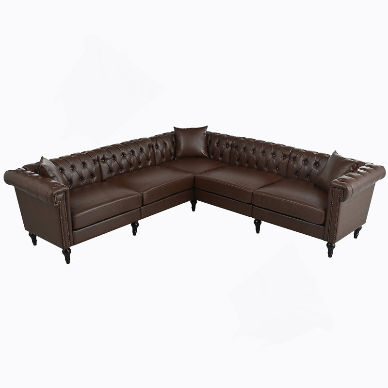 Canapé modulaire réversible en L Chesterfield avec accoudoirs roulés, têtes de clou et capitonnage, Marron foncé