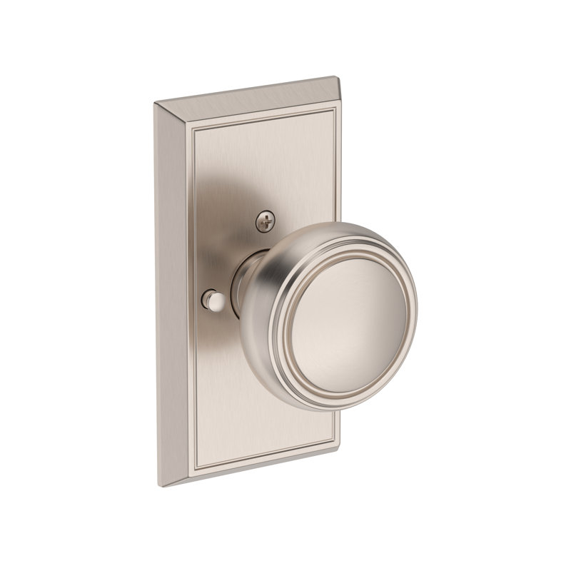 Bremerton Privacy Knob with Chamfered 5in Rose in Unlacquered Brass, Satin Nickel