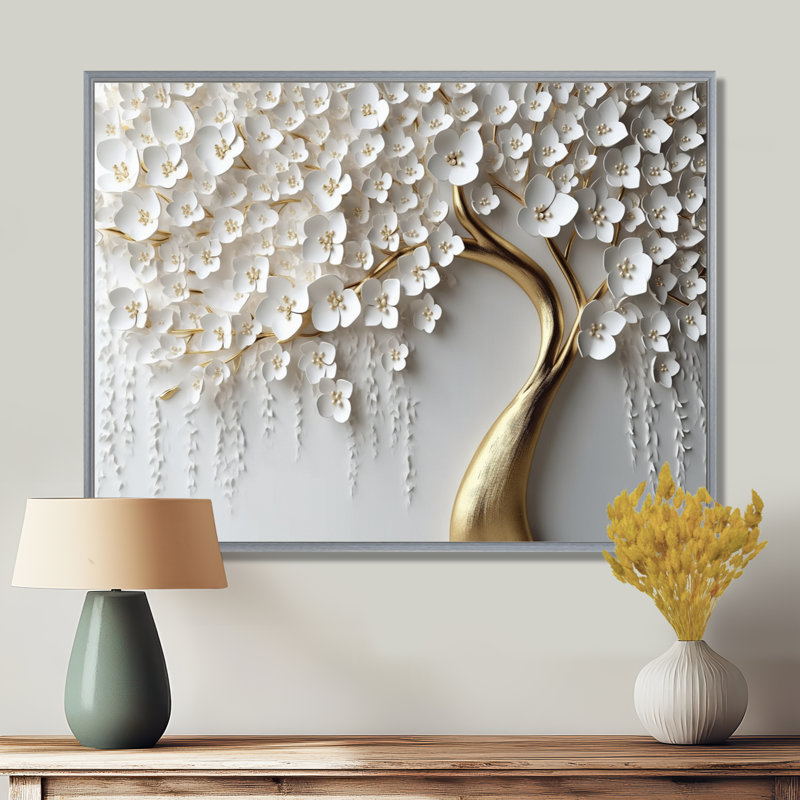 Orchidée blanche et dorée, jardin de branches IV - impression d'art mural floral (sans texture), H 30 po x l 40 po