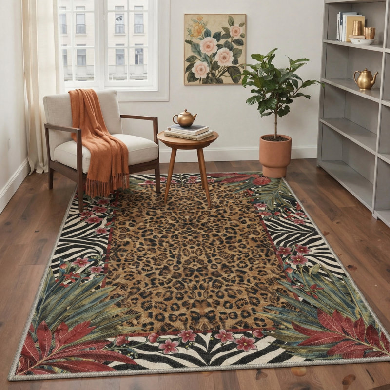 Alissa Aura Animal Print Floral Machine Washable Brown / Black / Green / Red Indoor Area Rug with Non-Slip Backing