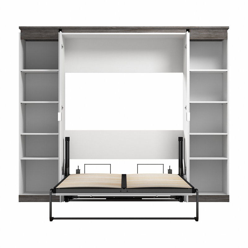 Lit escamotable double Ailé avec 2 étagères étroites (99 W), Blanc