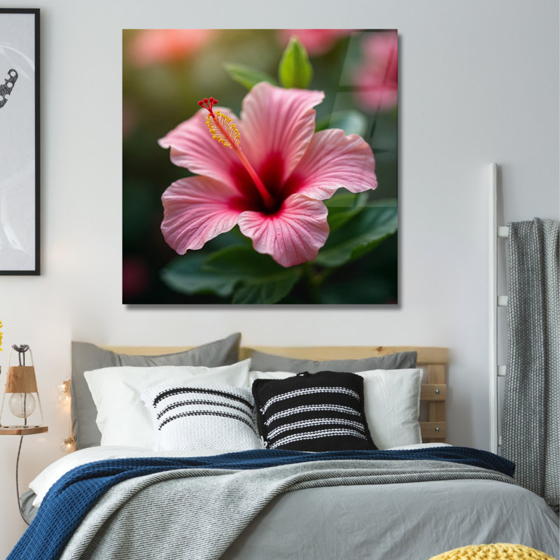 Art mural en verre trempé rose Hibiscus, H 12 po x l 12 po