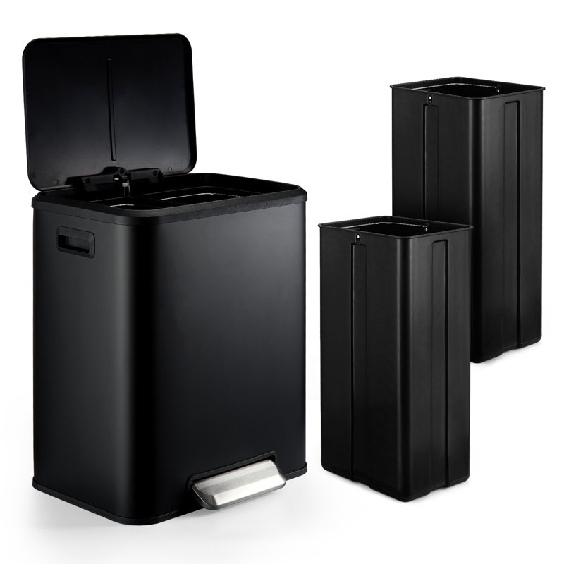 Poubelle à double compartiment rectangulaire 2 x 4 gal (2 x 15 L), poubelle de recyclage avec couvercle et marchepied doux pour la salle de bain et la cuisine, noir