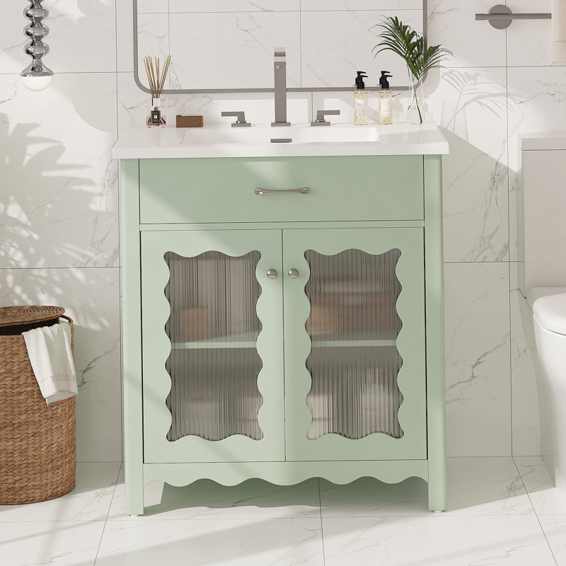 Meuble-lavabo 31 po avec verre trempé, vert, Vert