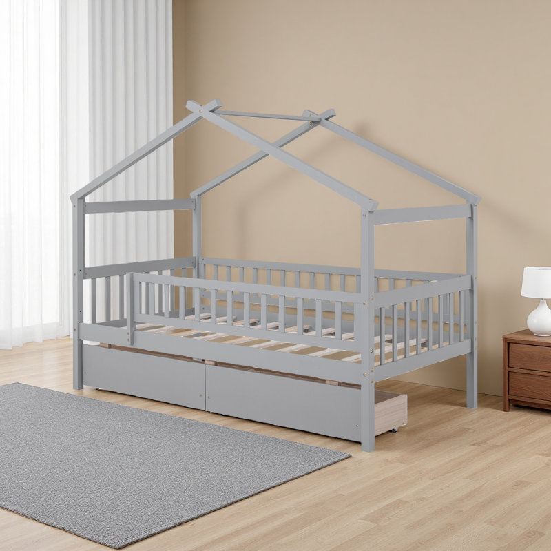 Lit simple en bois avec deux tiroirs, Gris