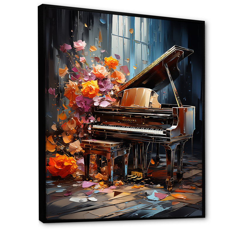 Floral Floral Magic Melody I - Piano, art mural, Cadre flottant noir, H 32 po x l 16 po x P 1 po