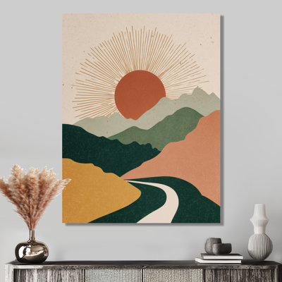 Sunrise Mirror Of Mountains Landscape - Midcentury Modern Large Wall Art, Green Mid-Century Modern Framed Canvas Art Print