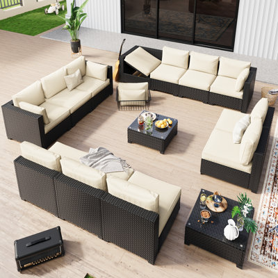 Fully Assembled Chairs, 12-Person Patio Conversation Set Black Chaise Lounge Modular Seating Outdoor Furniture