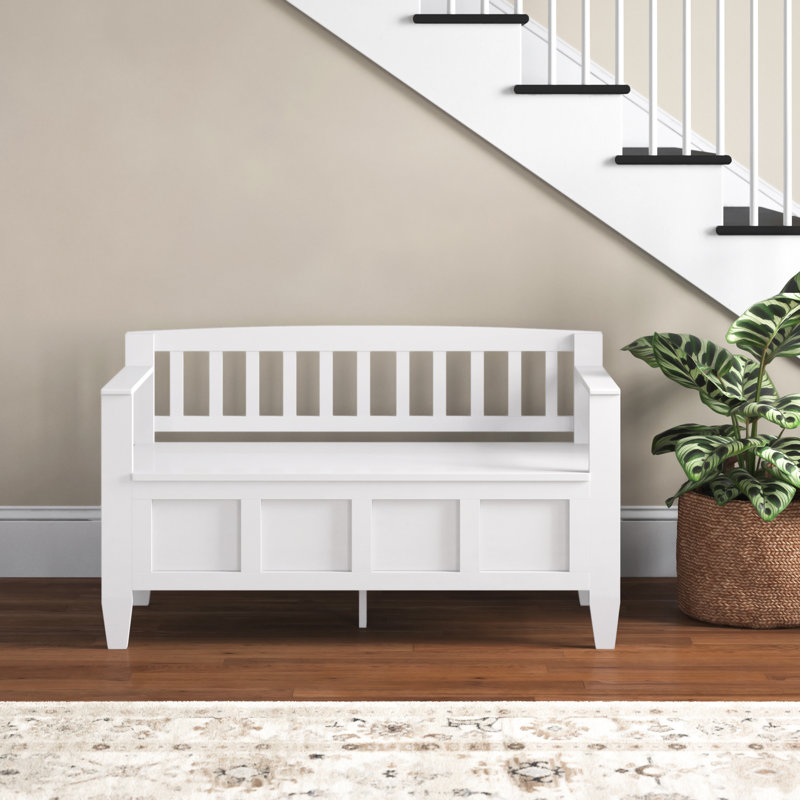 Banc de rangement contemporain en bois massif avec couvercle relevable Brooklyn, Blanc