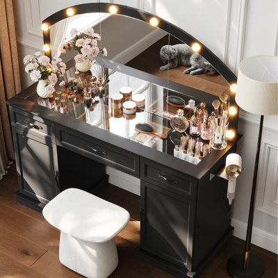 55" Glass Top Vanity Desk with LED Lighted Mirror & Storage – 3 Color Modes, Dimmable Touch‑Controlled Makeup Table for Bedroom – Organizer for Cosmetics, Skincare & Jewelry