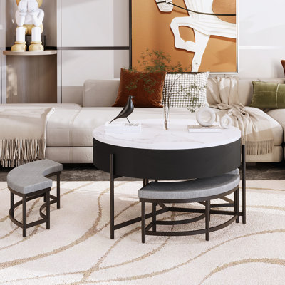 Table basse moderne à plateau relevable avec rangement et 3 repose-pieds blanc et noir