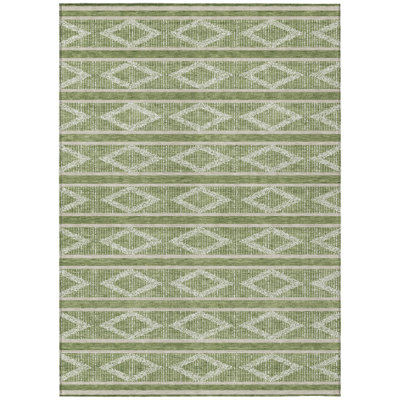 9' X 12' Green And Ivory Geometric Washable Indoor Outdoor Area Rug