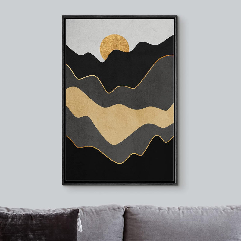 Soleil, chaîne de montagnes, paysage, illustrations, art moderne, Noir, H 24 po x l 16 po
