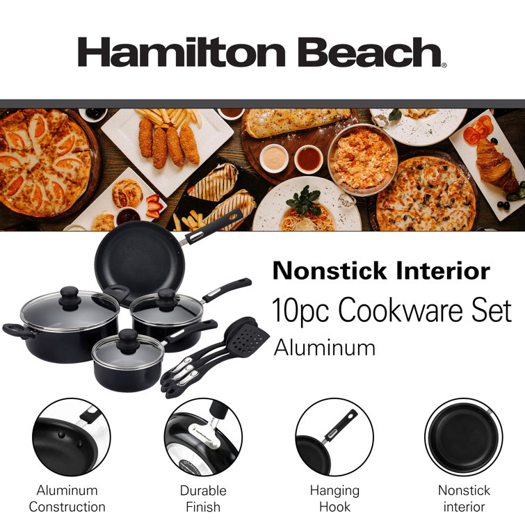 Hamilton Beach Cookware Set, 10-Pieces, Pots, Pans, and Glass Lids,  Nonstick PFOA-Free, PTFE-Free Ceramic Interior, Heavy-Duty Aluminum  Construction