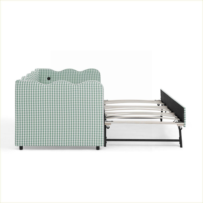 Lit de jour simple tapissier de style vichy avec couchette, canapé-lit en tissu de lin avec port USB, aucun sommier requis