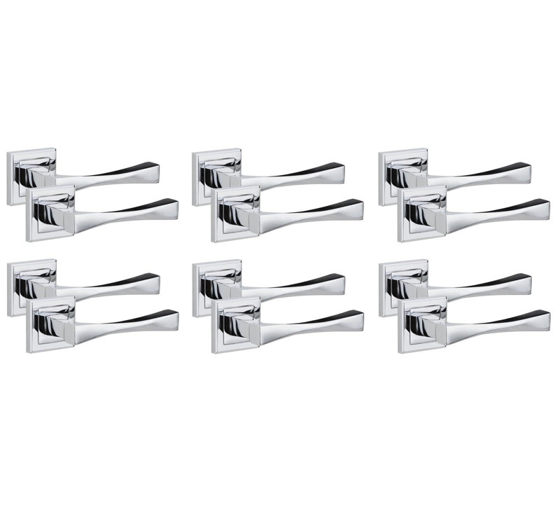 6 Pairs Straight Astrid Premium Design Door Handles on Square Rose in Polished Chrome Finish
