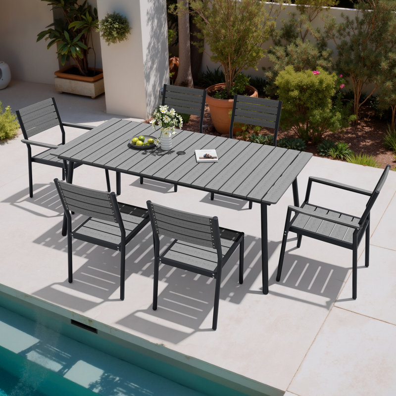 Ensemble de salle à manger de patio en aluminium pour 6 personnes avec chaises empilables et trou pour parasol, Gris foncé