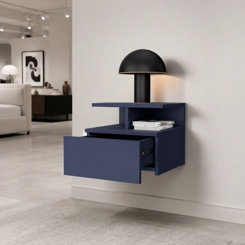 Table de chevet H 11,6 po, 1 tiroir, 3 tablettes, bleu Alby - Chambre