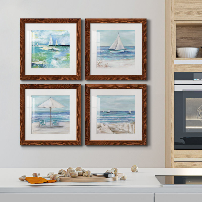 Jour sur le lac - Ensemble de 4 peintures sur toile encadrées, H 27,5 po x l 110 po x P 1,5 po, Cadre gris