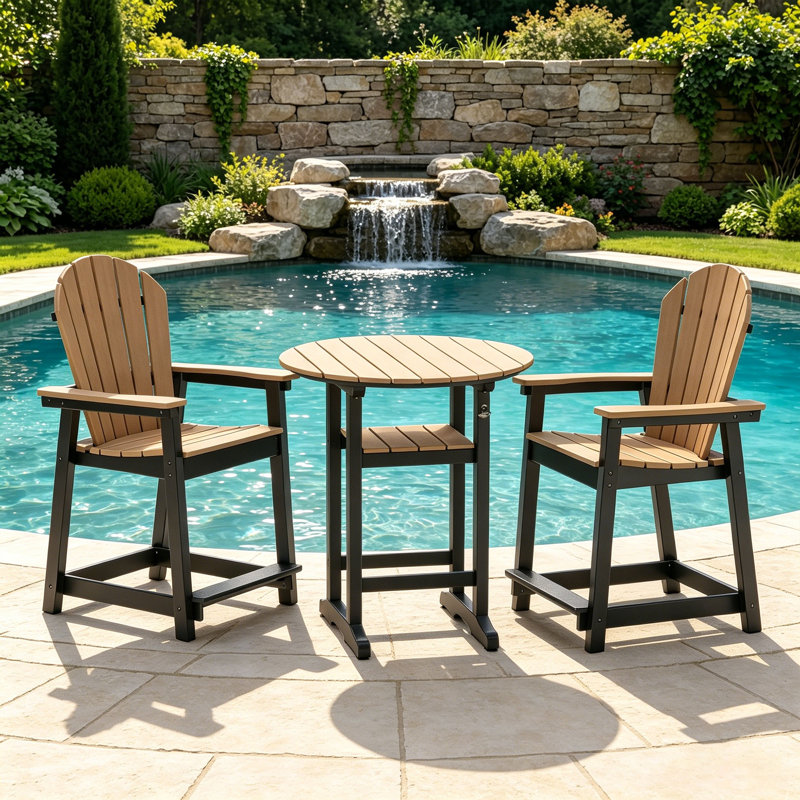 Ensemble de bar de patio 3 pièces, chaises Adirondack en PEHD pour l'extérieur, Noir / brun