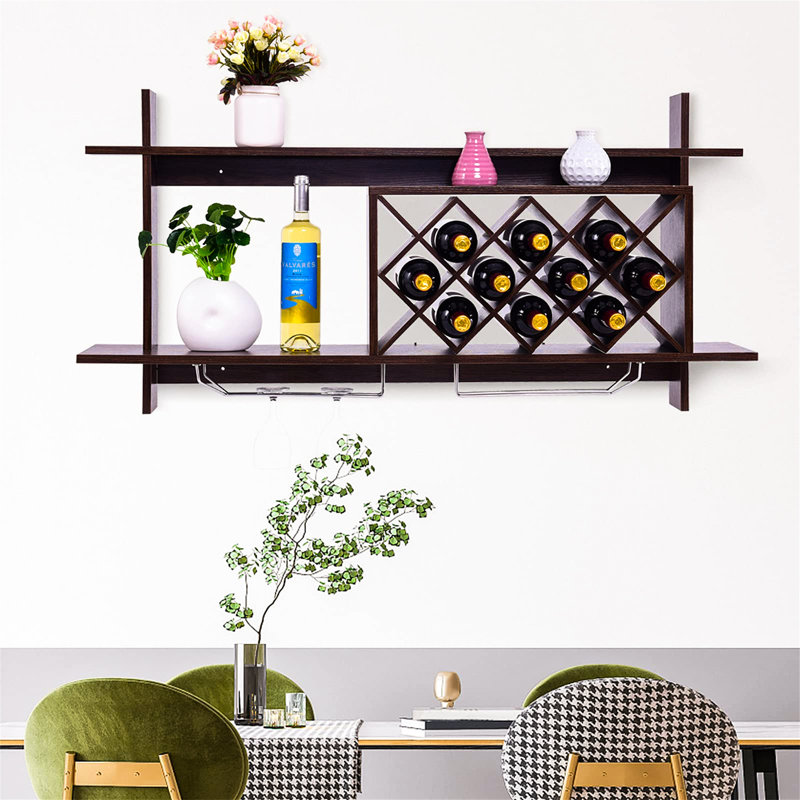 Jayren 10 Bottle Wall Mounted Wine Bottle & Glass Rack in Walnut