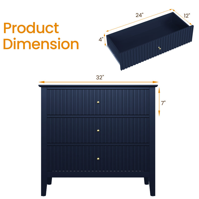 Fluted 3 Drawer Dresser Set Of 2, Blue