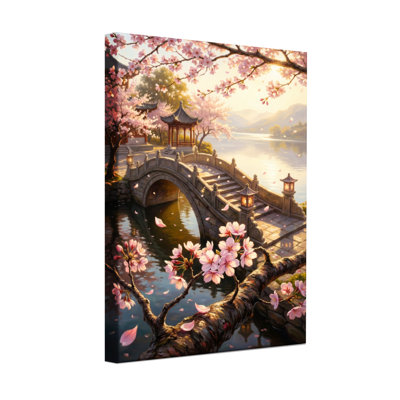 Plantes et fleurs, fleurs de cerisier, pont, coucher de soleil, lanternes, reflets de l'eau