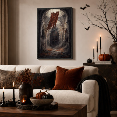 Couloir en pierre en ruine avec des vignes et une toile murale d'Halloween déchirée