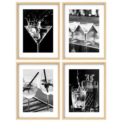 Framed Wall Art Collage Gallery Print Set, Black White Wine Martini Cocktails Food Drinks Modern Art Minimal Culinary Celebrations for Living Room, Bedroom, Office