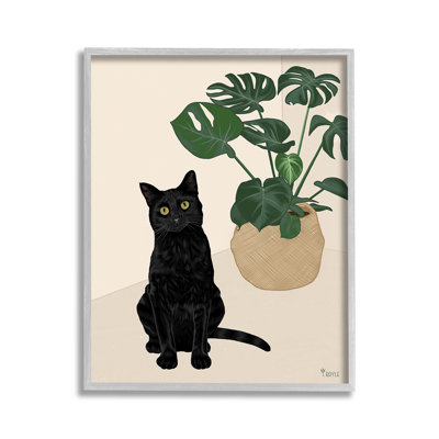 " Black Cat And Monstera Plant " by Tara Royle on Canvas