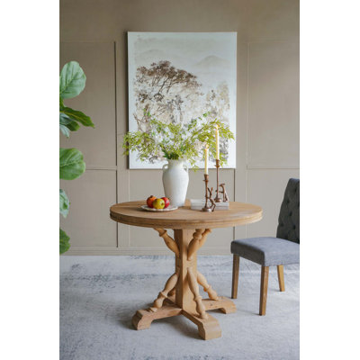 Table de salle à manger ronde rustique avec piètement balustre sculpté à la main