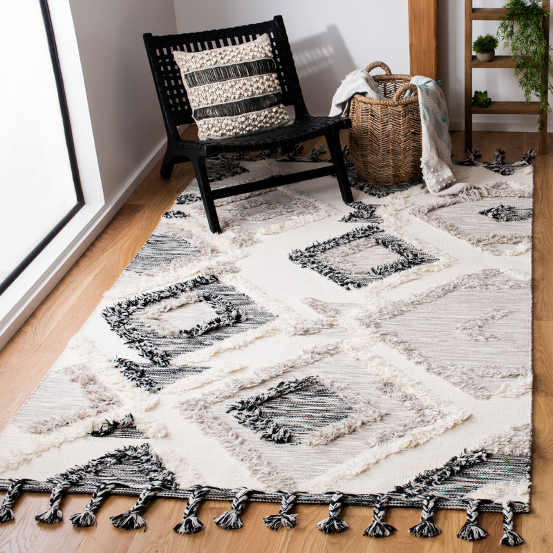 Hand-Knotted Black and Grey Wool Geometric Area Rug, 9' x 12'