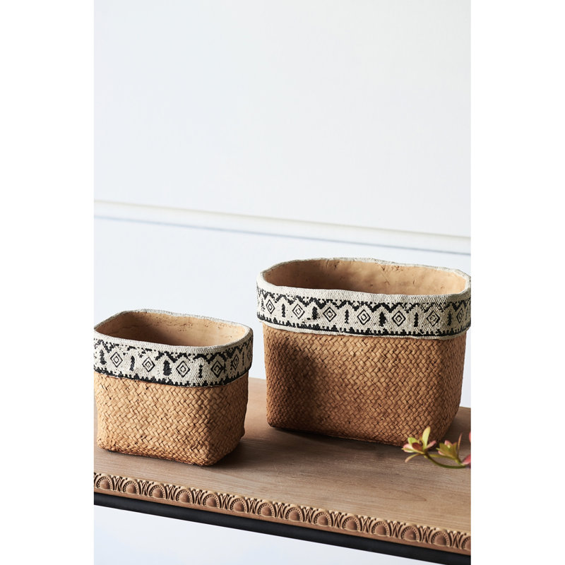 Rectangular Basket Planters Of 2 Brown Multi Cement With Geometric Trim For Indoor Outdoor Use, L:10.4X8.7X7.9 S:7.3X5.5X5.9 Inches, 12.1 Lbs Trimmed Indoors Or Outdoors,