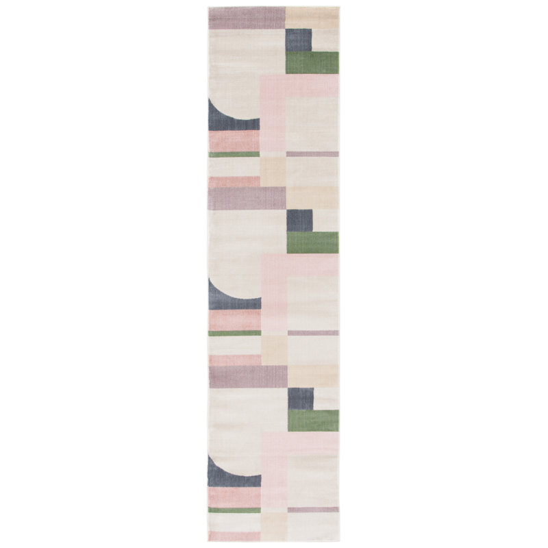 Tapis géométrique beige / rose / bleu foncé Anais, Tapis de couloir 2 pi 2 po x 7 pi