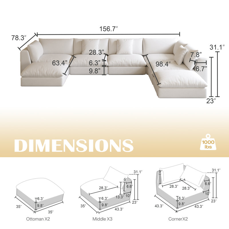 Canapé modulaire surdimensionné en U avec repose-pieds 7 pièces 156,7 po, Lin blanc cassé